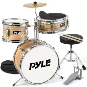 13'' 3-Piece Kids/Junior Drum Set - Metallic Striped Yellow Matt Drum Set With Throne, Cymbal, Pedal, Bass Drum, Tom And Drumsticks
