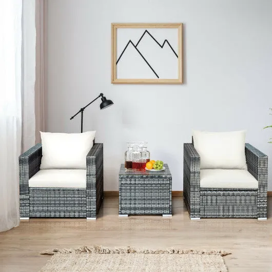 3 Pcs Patio Rattan Furniture Bistro Sofa Set with Cushioned-White