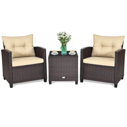 3 Pcs Patio Rattan Furniture Set Cushioned Conversation Set Coffee Table-Beige