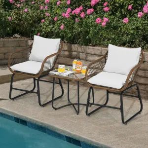 3PCS Patio Rattan Bistro Set Cushioned Chair Glass Table Deck  OP70838
