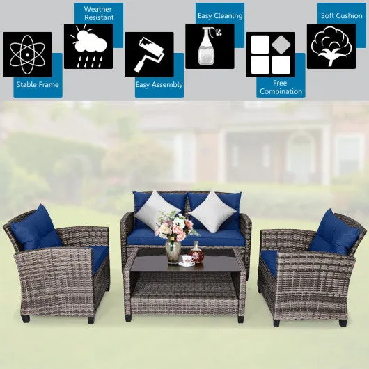 4 Pieces Patio Rattan Furniture Set Coffee Table Cushioned Sofa-Navy