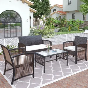 4Pcs Outdoor Patio Furniture Set 2 Double 1 Single Rattan Chair Sofa &amp;1 Coffee Table for Garden Backyard Porch&amp;Poolside Gray
