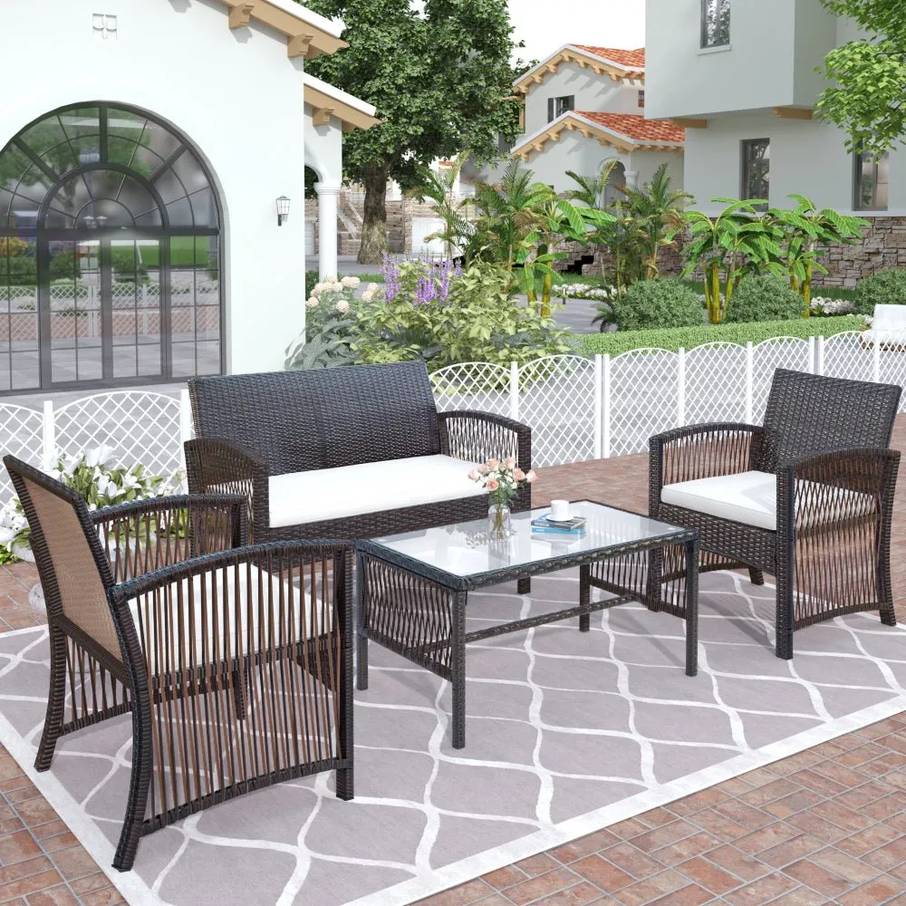 4Pcs Outdoor Patio Furniture Set 2 Double 1 Single Rattan Chair Sofa &amp;1 Coffee Table for Garden Backyard Porch&amp;Poolside Gray