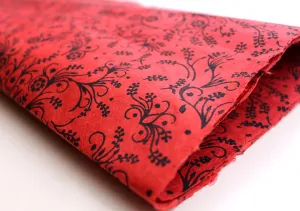Black Flower & Leaf Printed Red Handmade Gift Wrapping Lokta Paper Sheets