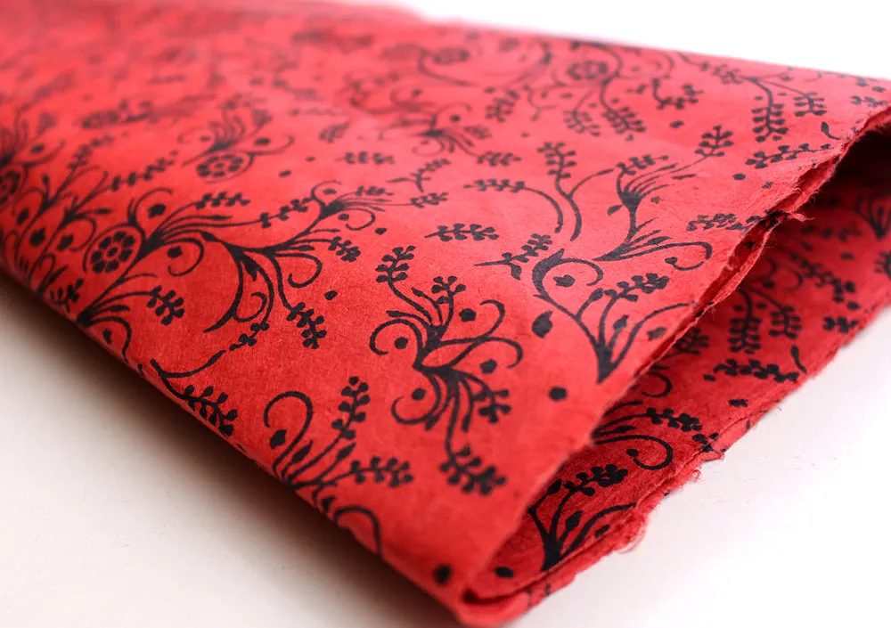 Black Flower & Leaf Printed Red Handmade Gift Wrapping Lokta Paper Sheets