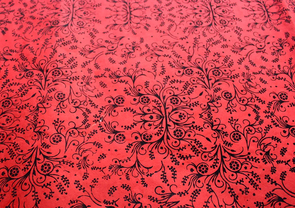 Black Flower & Leaf Printed Red Handmade Gift Wrapping Lokta Paper Sheets