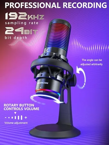 CACENCAN Condenser Microphone,USB Microphone with Shock Mount, Gaming Mic with Quick Mute, RGB Indicator, for PC PS5, Gaming, Streaming, Podcasts (Black)