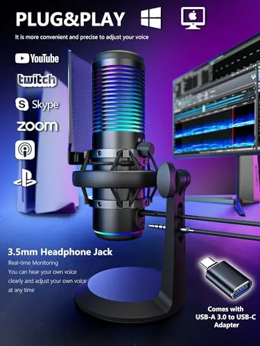 CACENCAN Condenser Microphone,USB Microphone with Shock Mount, Gaming Mic with Quick Mute, RGB Indicator, for PC PS5, Gaming, Streaming, Podcasts (Black)