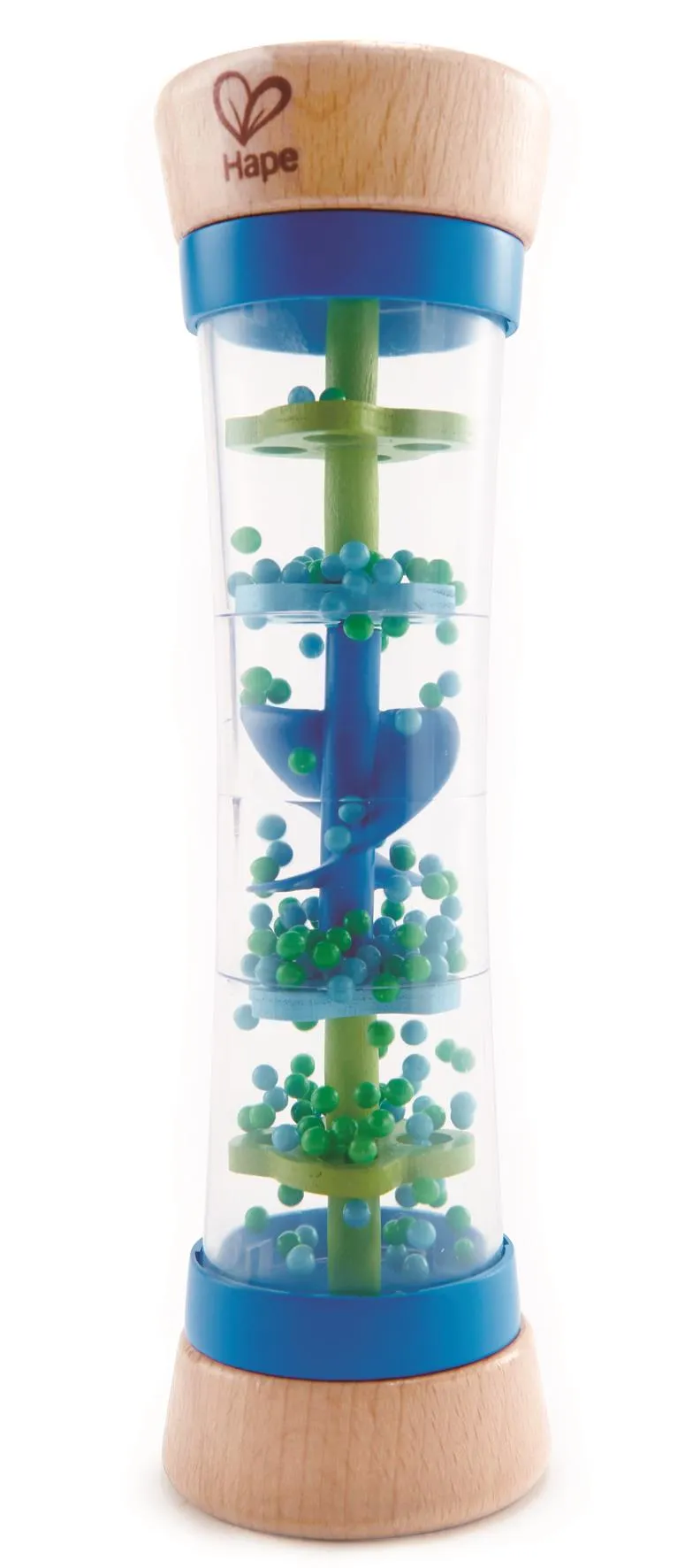 Hape - Beaded Raindrops - Mini Wooden Musical Shake & Rattle Rainmaker Toy - Blue & Green - 0 months