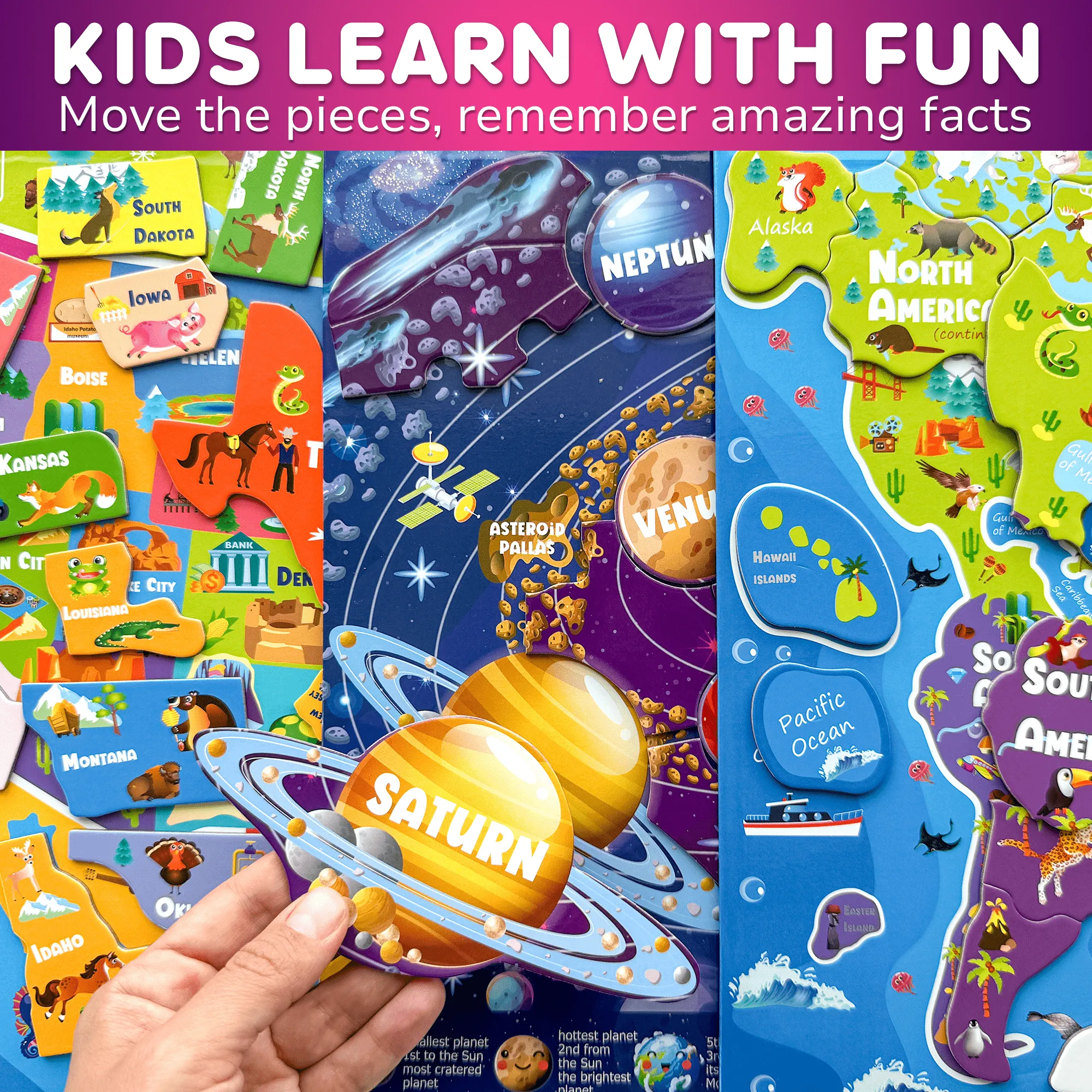 Magnetic 24 Piece Puzzles for Kids | World Map, USA, Space