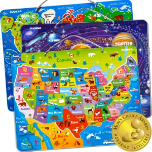 Magnetic 24 Piece Puzzles for Kids | World Map, USA, Space