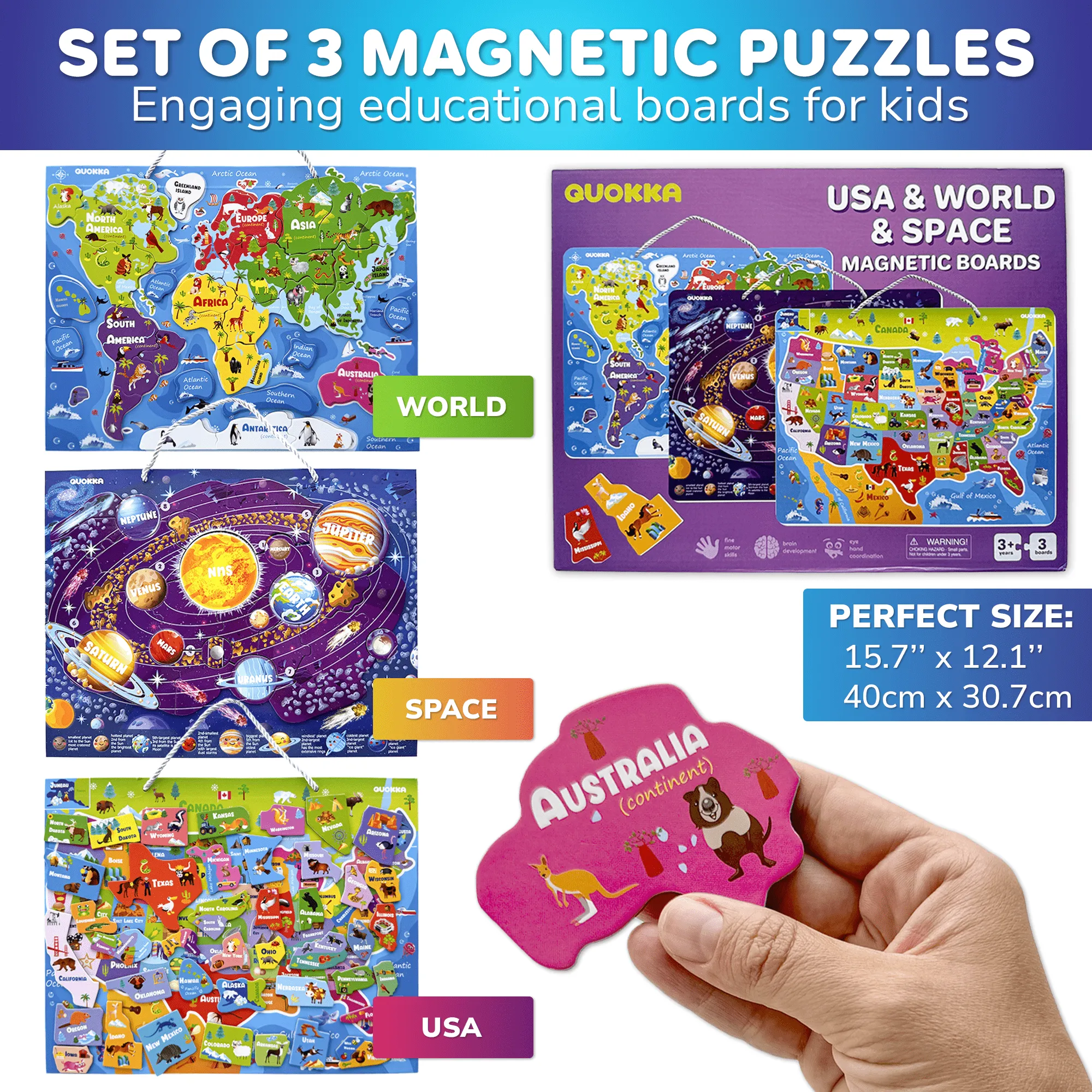 Magnetic 24 Piece Puzzles for Kids | World Map, USA, Space