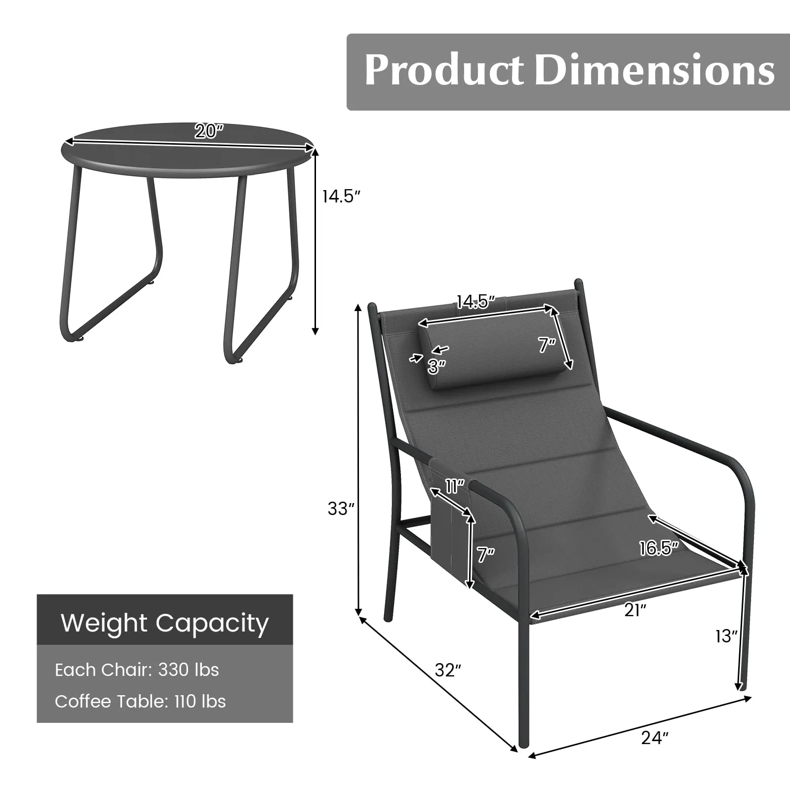 Tangkukla 3 Piece Outdoor Bistro Set, Patio Metal Chair & Coffee Table Set