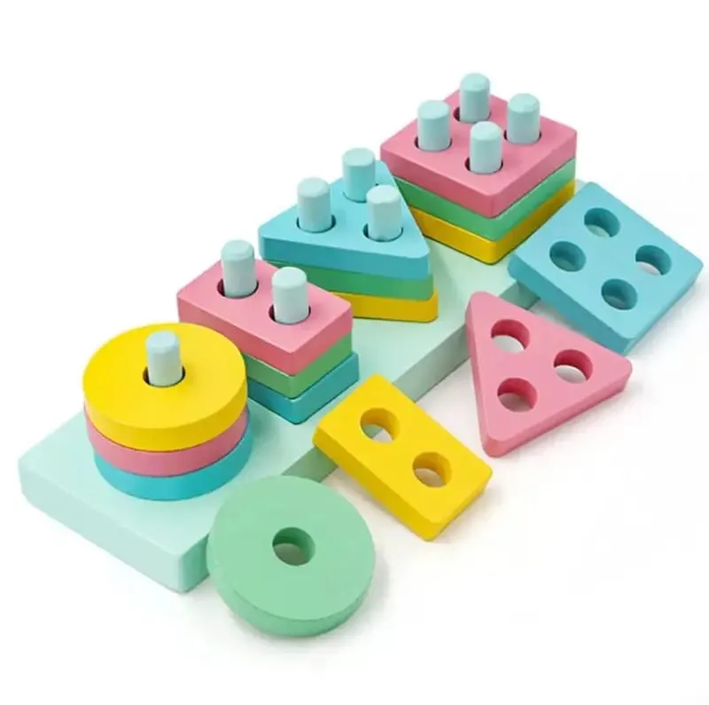 Wooden 4 Column Geometric Shapes Pastel Colors Blocks